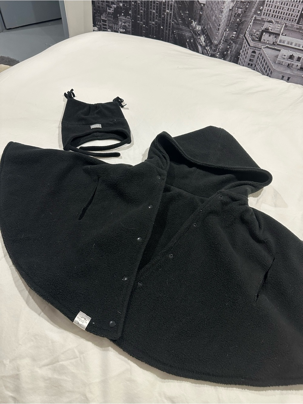 Baby Black Hooded Fleece Cape Jacket / poncho for car seat with Matching Hat OS